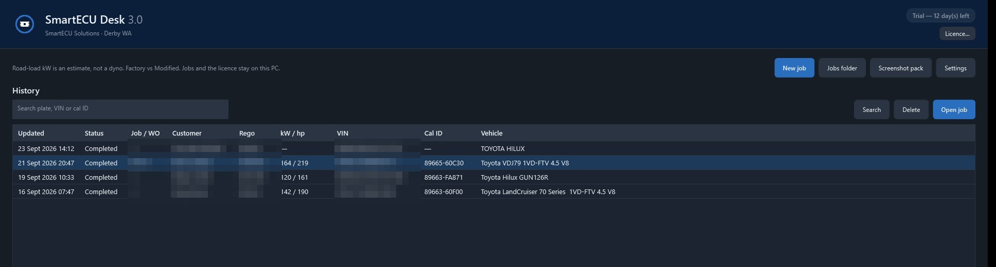 SmartECU Desk 3.0 job history — search by plate, VIN or calibration